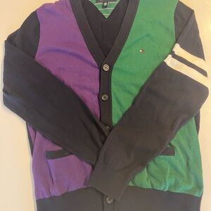 Tommy Hilfiger Striped V-Neck Sweater in Green and Black